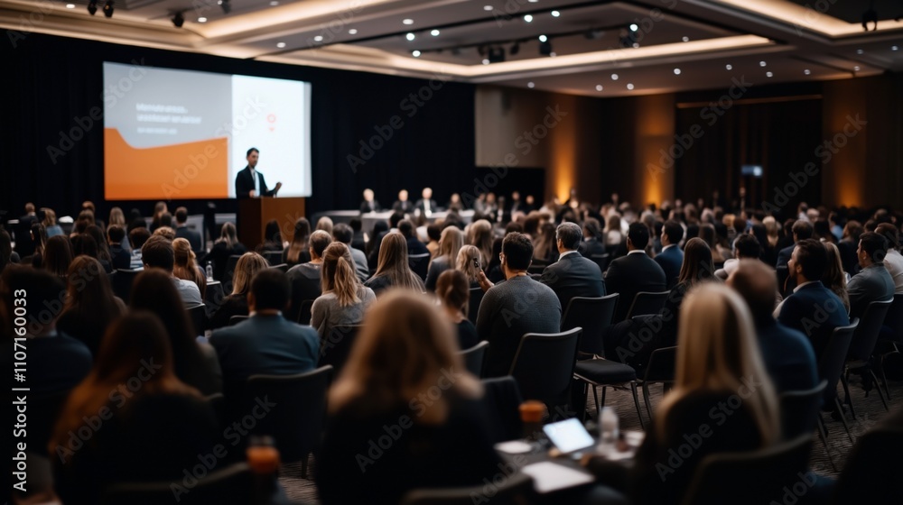 A large audience attending a professional conference in a modern conference room with a speaker at a podium and a presentation on a screen. A large audience attending a professional conference in a modern conference room with a speaker at a podium and a presentation on a screen.