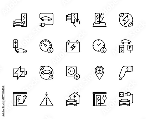 Car charging station vector linear icons set. Contains such icons as electric vehicle, charging icon, battery and more.