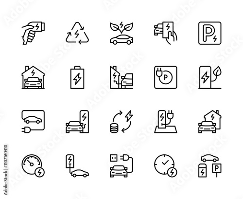 Car charging station vector linear icons set. Contains such icons as charging icon, car, eco-friendly, parking and more.
