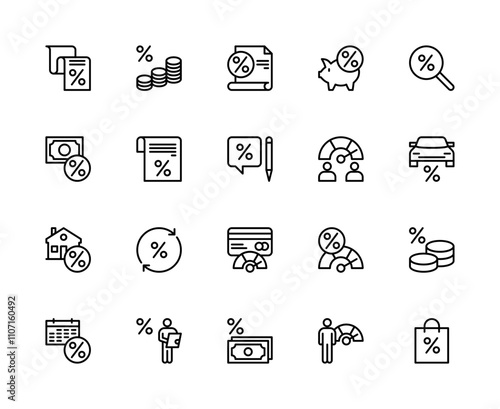 Credit and financial services vector linear icons set. Contains such icons as coin, payment method, approval, rating, check and more.