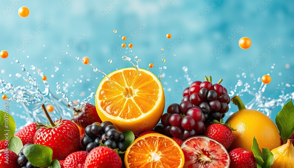Vibrant mix of fruits with water splashes on a blue background, ideal for healthy and dynamic visuals. Vibrant mix of fruits with water splashes on a blue background, ideal for healthy and dynamic visuals.