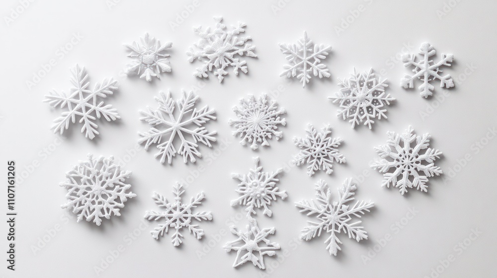 Cluster of elegant 3D snowflakes in various sizes, artistically displayed on a white background Cluster of elegant 3D snowflakes in various sizes, artistically displayed on a white background