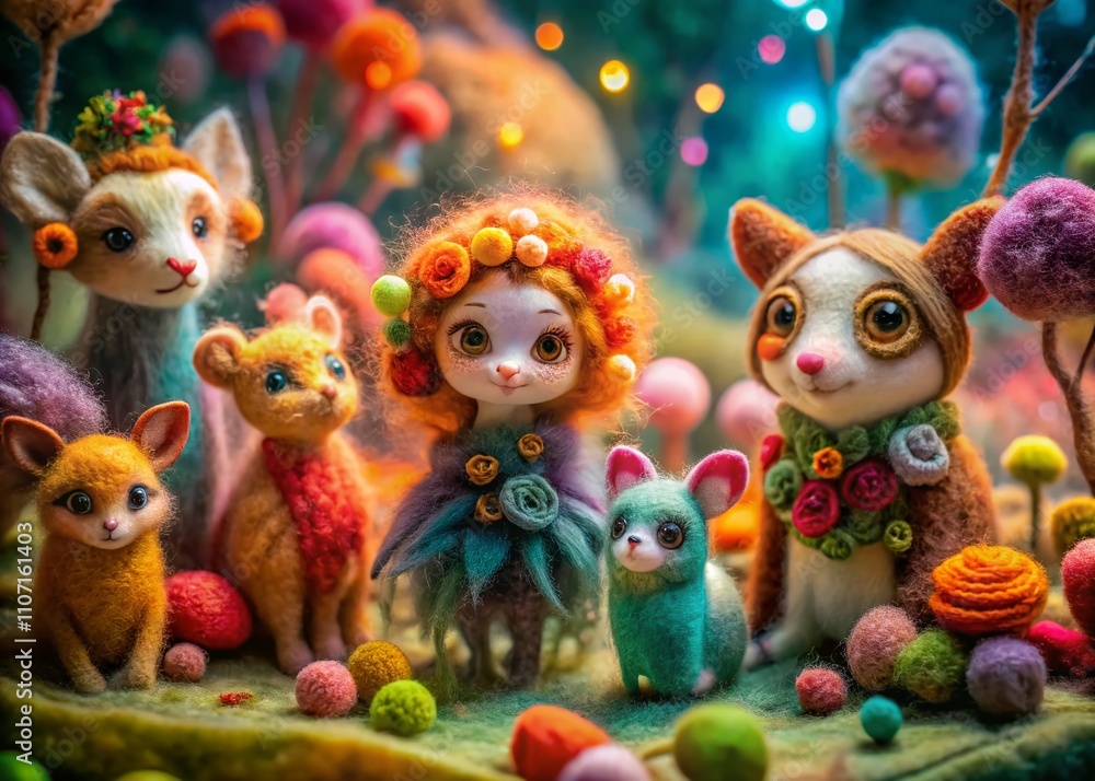 Fototapeta premium Surreal Needle Felting Wonderland: Fluffy Animal Hair Crafts Creating Whimsical Dolls and Handicraft Decorations in a Dreamlike Artistic Setting