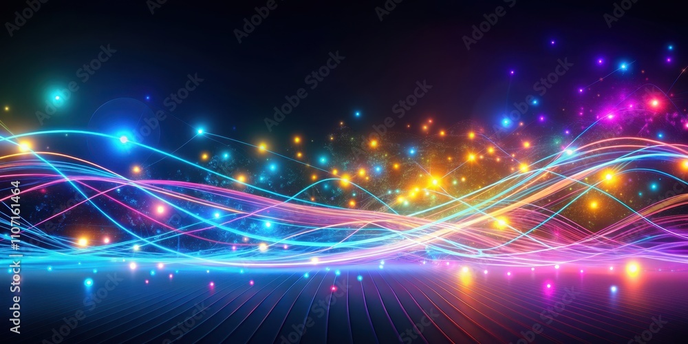 Obraz premium Futuristic abstract background with glowing neon wave lines and bokeh lights, Abstract, futuristic, background, gold, blue