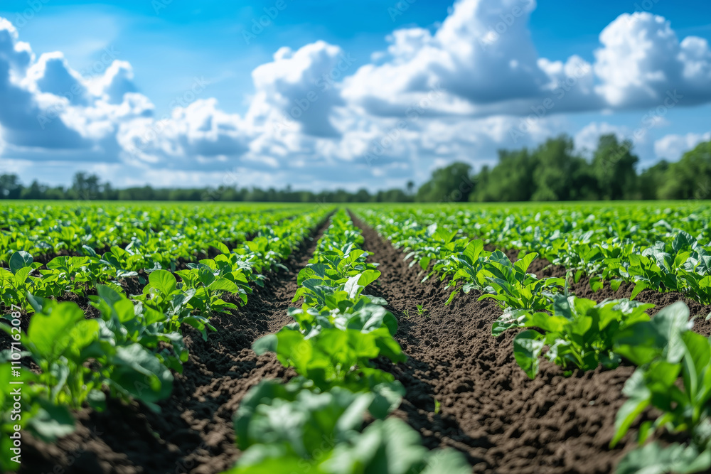 Vibrant field showcasing genetically improved crops thriving under a bright sky Vibrant field showcasing genetically improved crops thriving under a bright sky