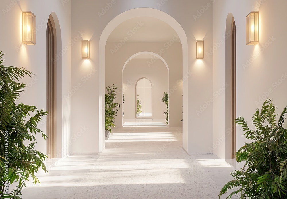 Abstract white corridor with doors and lights, a minimalistic interior design of the hall in an office, museum, or gallery Abstract white corridor with doors and lights, a minimalistic interior design of the hall in an office, museum, or gallery