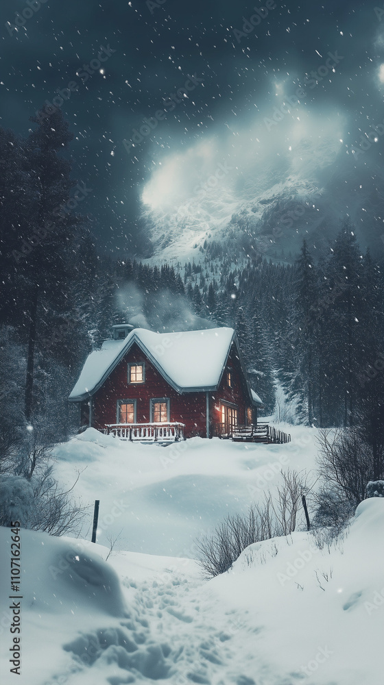 Cozy Red Cabin Illuminated at Night in a Snowy Forest with Falling Snowflakes Cozy Red Cabin Illuminated at Night in a Snowy Forest with Falling Snowflakes