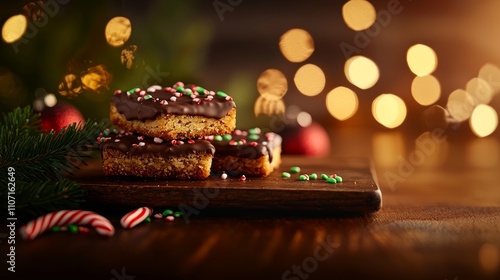 Macro shot of buttery shortbread cookies dipped in rich chocolate, adorned with crushed candy canes, soft lighting, kids' holiday dessert