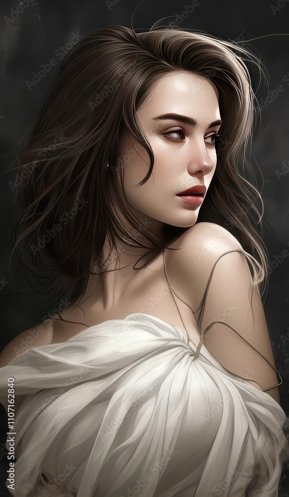 Fototapeta premium a painting of a woman in a white dress with long hair