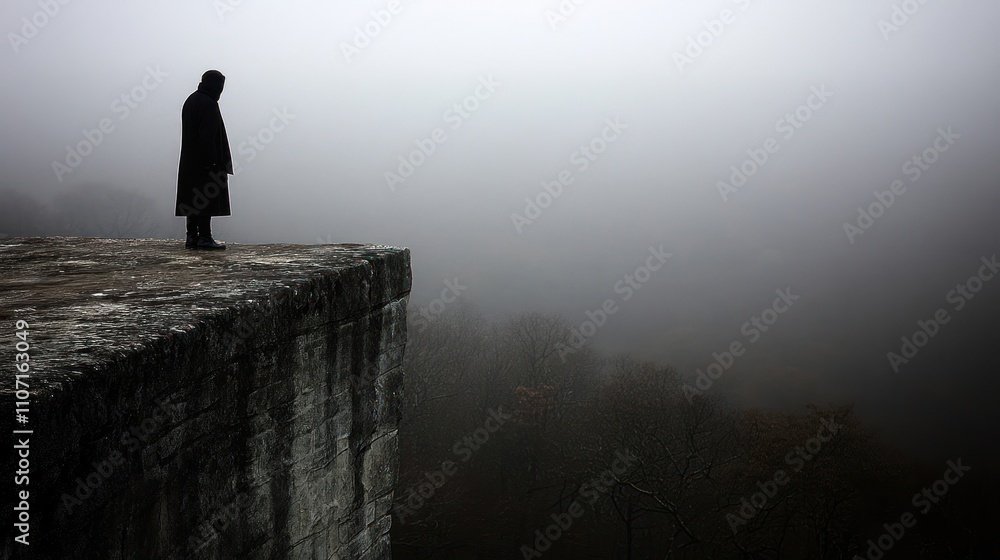 Solitary Figure Stands on Cliff Edge in Fog Solitary Figure Stands on Cliff Edge in Fog