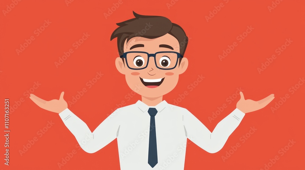 A cheerful cartoon character wearing glasses and a tie, gesturing with hands against a vibrant red background. A cheerful cartoon character wearing glasses and a tie, gesturing with hands against a vibrant red background.