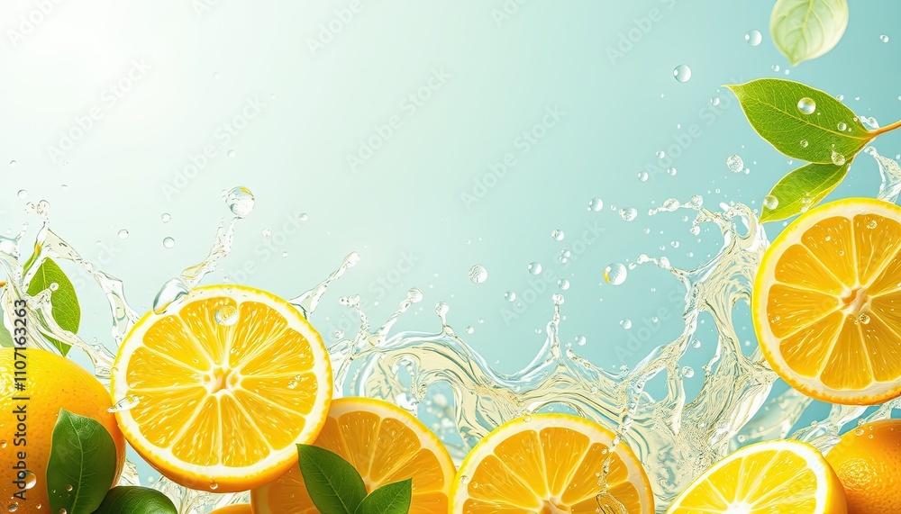Fresh orange slices with water splashes and green leaves on a light blue background, conveying freshness and summer vibes. Fresh orange slices with water splashes and green leaves on a light blue background, conveying freshness and summer vibes.