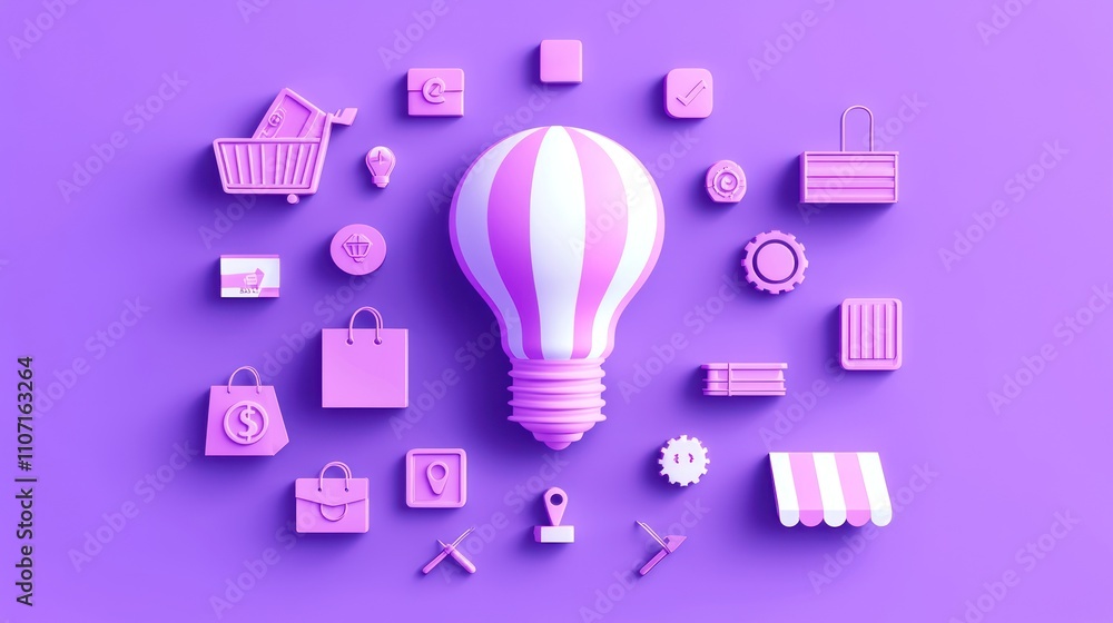 A vibrant illustration featuring a hot air balloon light bulb surrounded by various shopping and business icons, all set against a purple background. A vibrant illustration featuring a hot air balloon light bulb surrounded by various shopping and business icons, all set against a purple background.