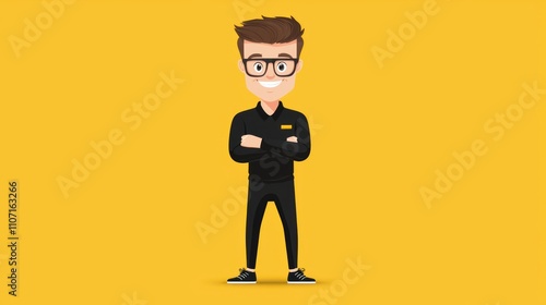 A cheerful cartoon character in black attire stands confidently against a bright yellow background, embodying friendliness and professionalism.