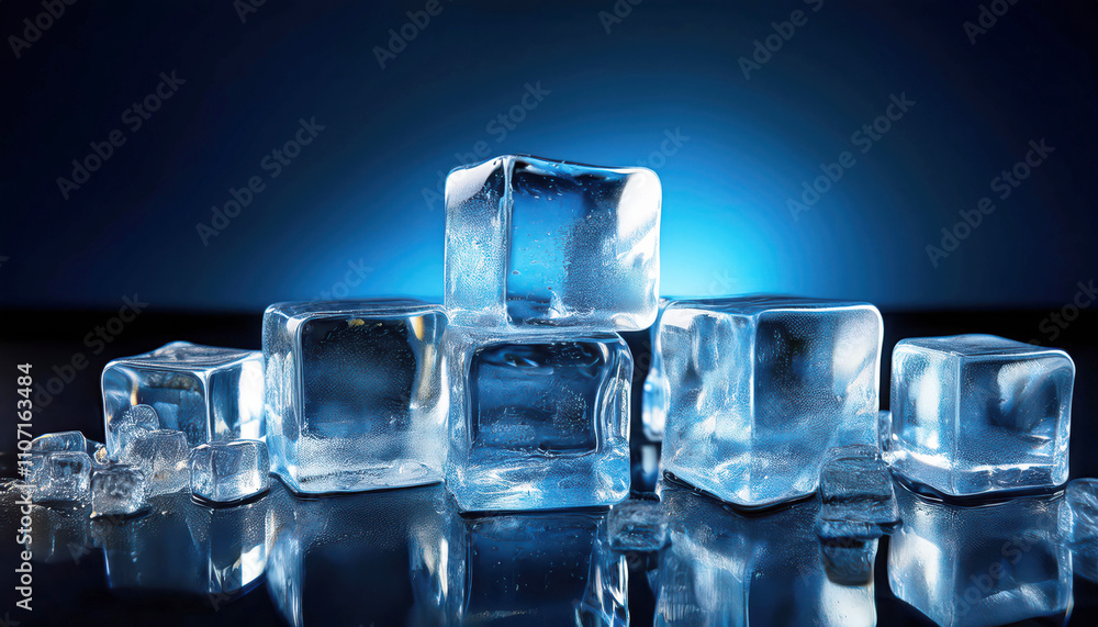 Gleaming ice cubes with reflective surface against blue background Gleaming ice cubes with reflective surface against blue background