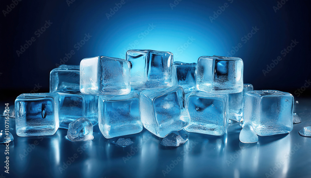 Glowing blue ice cubes stack on reflective surface Glowing blue ice cubes stack on reflective surface