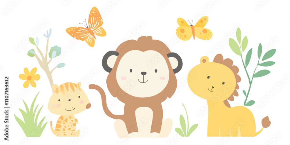 Obraz premium Cute flat vector animal set in a simple style, isolated on a white background