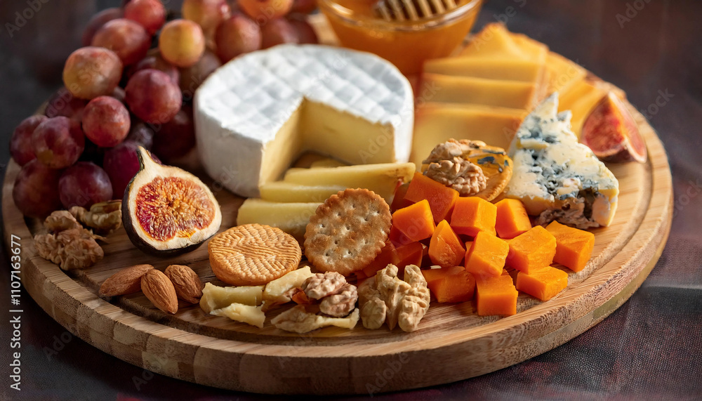 A gourmet cheese platter featuring assorted cheeses, fresh fruits, nuts, and crackers on a wooden board. Perfect for parties or gatherings, offering an elegant and delectable snacking experience. A gourmet cheese platter featuring assorted cheeses, fresh fruits, nuts, and crackers on a wooden board. Perfect for parties or gatherings, offering an elegant and delectable snacking experience.