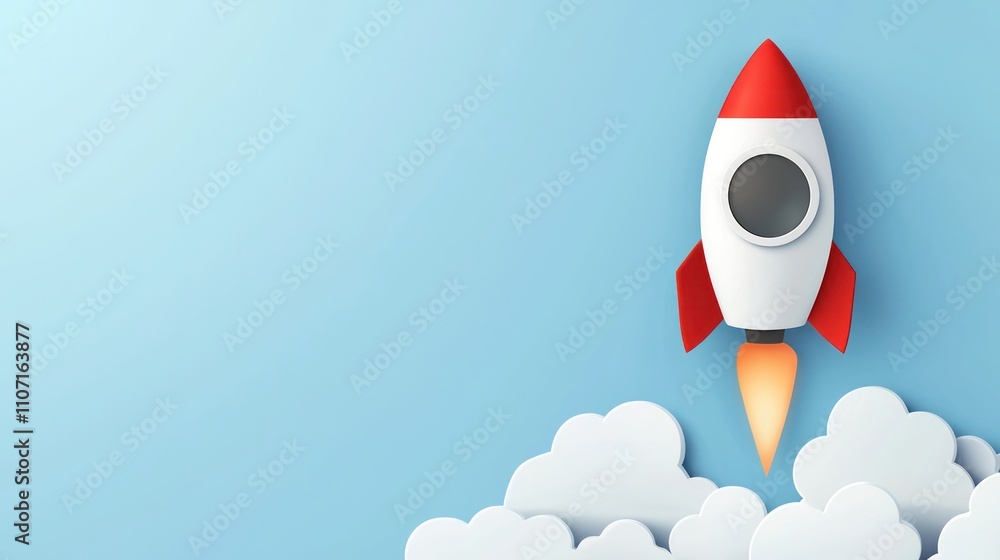 A colorful rocket launches into a clear blue sky, surrounded by fluffy white clouds, symbolizing exploration and adventure. A colorful rocket launches into a clear blue sky, surrounded by fluffy white clouds, symbolizing exploration and adventure.