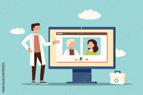 Doctor shows online medical exam between doctor and patient. Concept of online medicine, telemedicine. Flat vector illustration.