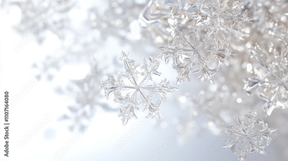 Detailed 3D snowflakes suspended mid-air against a bright white background, evoking a magical winter atmosphere Detailed 3D snowflakes suspended mid-air against a bright white background, evoking a magical winter atmosphere