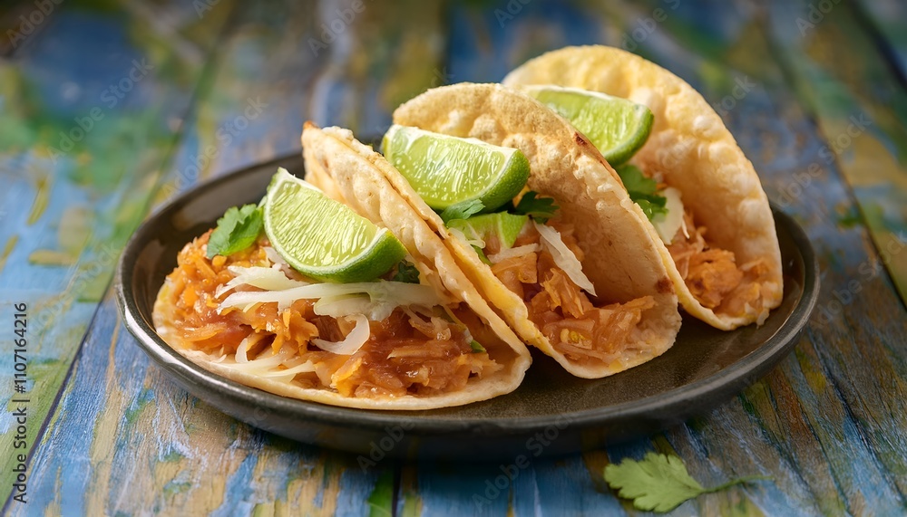 Close-up of three savory chicken tacos topped with avocado and cilantro, served with lime wedges on a plate. A vibrant and appetizing Mexican dish. Close-up of three savory chicken tacos topped with avocado and cilantro, served with lime wedges on a plate. A vibrant and appetizing Mexican dish.