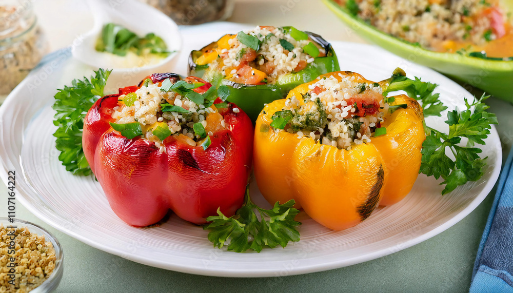 Vibrant quinoa stuffed bell peppers arranged on a plate, garnished with fresh parsley and served with a side salad. Perfect for a healthy, vegetarian meal rich in flavor and nutrients.