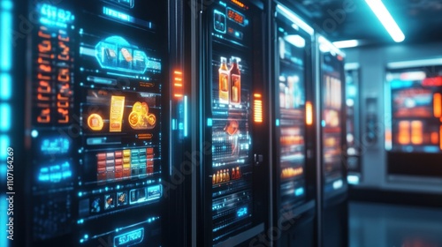 Digital vending machine interface showing product images, prices, and animated effects, designed for futuristic retail