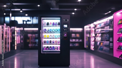 Digital vending machine selling phone accessories, illuminated by LED lighting in a tech-savvy retail space