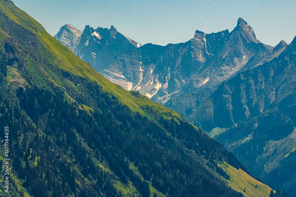 Naklejka premium Alpine summer view at Mount Penken, Mayrhofen, Finkenberg, Zillertal valley, Schwaz, Zell am Ziller, Tyrol, Austria