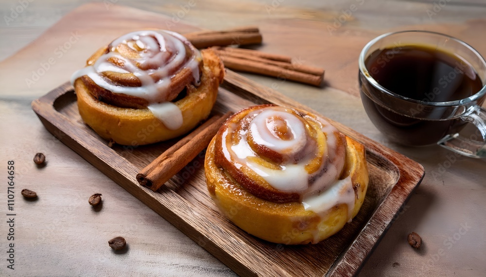 A close-up of freshly baked cinnamon rolls with icing served on a wooden tray beside a steaming cup of coffee, evoking warmth and comfort. Perfect for breakfast or a cozy snack. A close-up of freshly baked cinnamon rolls with icing served on a wooden tray beside a steaming cup of coffee, evoking warmth and comfort. Perfect for breakfast or a cozy snack.
