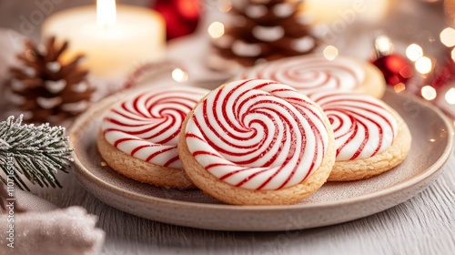 Peppermint swirl cookies in red and white stripes, artistically placed on a holiday-themed table setting with candles and pine cones