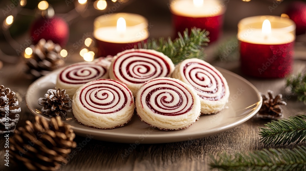 Peppermint swirl cookies in red and white stripes, artistically placed on a holiday-themed table setting with candles and pine cones Peppermint swirl cookies in red and white stripes, artistically placed on a holiday-themed table setting with candles and pine cones