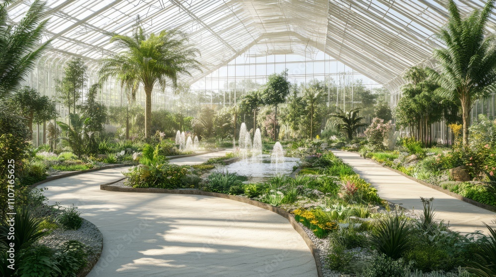 Sunlit conservatory with winding paths, fountains, and lush tropical plants. Sunlit conservatory with winding paths, fountains, and lush tropical plants.