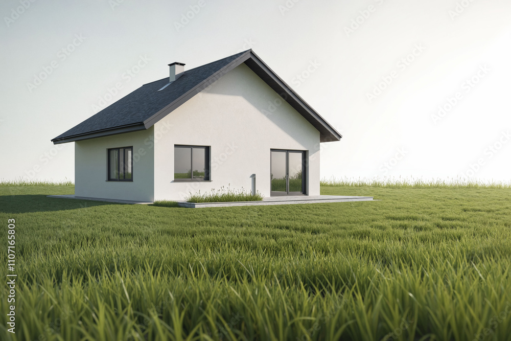 A contemporary white house with a dark roof sits in a vibrant green field. A contemporary white house with a dark roof sits in a vibrant green field.