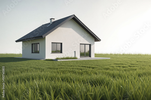 A contemporary white house with a dark roof sits in a vibrant green field.