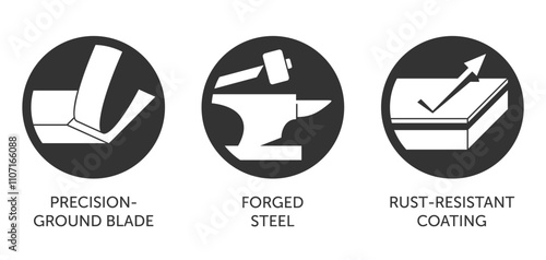 Forged steel, Fully precision, Rust resist - flat icons set