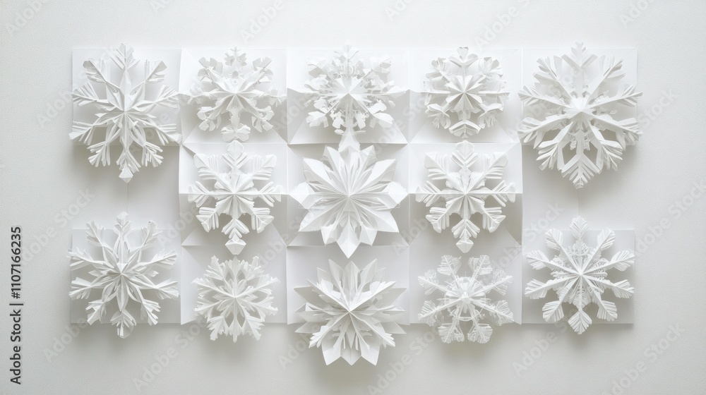 Geometric 3D snowflakes arranged symmetrically on a white canvas, highlighting their crystalline beauty Geometric 3D snowflakes arranged symmetrically on a white canvas, highlighting their crystalline beauty