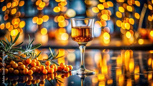 Surreal Scene of Andal Nordic Aperitif Sea Buckthorn Liqueur at a Restaurant Bar with Dreamy Lights and Abstract Atmosphere photo