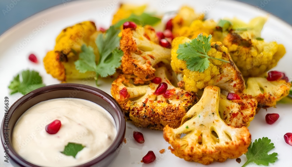 A vibrant plate featuring roasted cauliflower seasoned with spices, garnished with fresh cilantro and pomegranate seeds, accompanied by a creamy dipping sauce, ideal for a healthy and colorful meal. A vibrant plate featuring roasted cauliflower seasoned with spices, garnished with fresh cilantro and pomegranate seeds, accompanied by a creamy dipping sauce, ideal for a healthy and colorful meal.