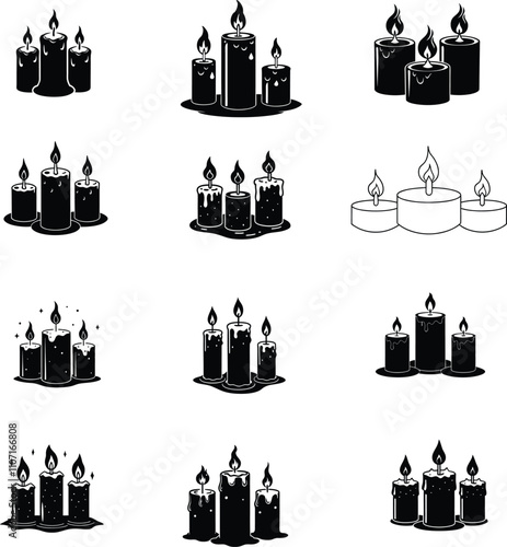 Vector set of black silhouette of flowing paraffin candles with fire isolated from background. Aromatherapy and festive icons. Monochrome candle wax tops.