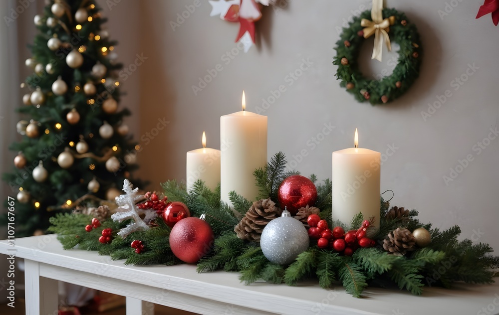 Christmas Centerpiece with Candles and Ornaments Christmas Centerpiece with Candles and Ornaments