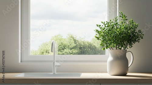 Modern Kitchen Interior Minimalist Sink Plants Window View