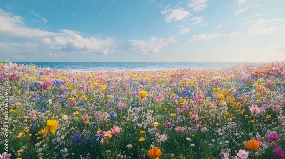Fototapeta premium Vibrant wildflowers bloom near a calm ocean under a bright sky.