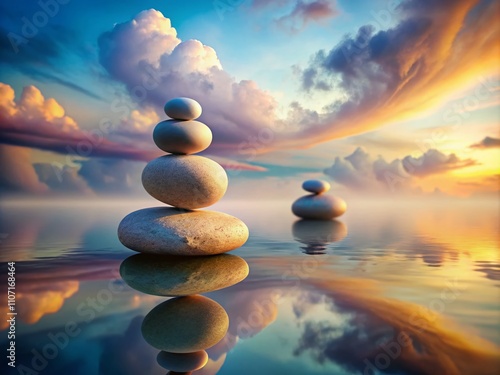 Surreal Stacking of Two Smooth Stones: An Abstract Exploration of Balance and Nature's Artistry in a Dreamlike Landscape photo