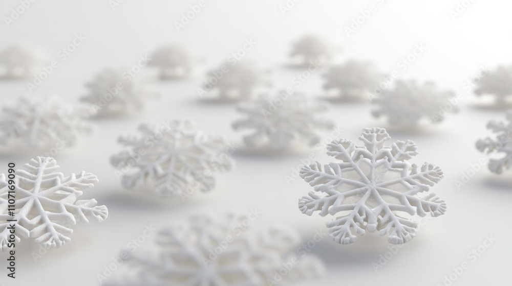 Isolated 3D-rendered snowflakes hovering on a white background, with soft light accentuating their intricate design Isolated 3D-rendered snowflakes hovering on a white background, with soft light accentuating their intricate design