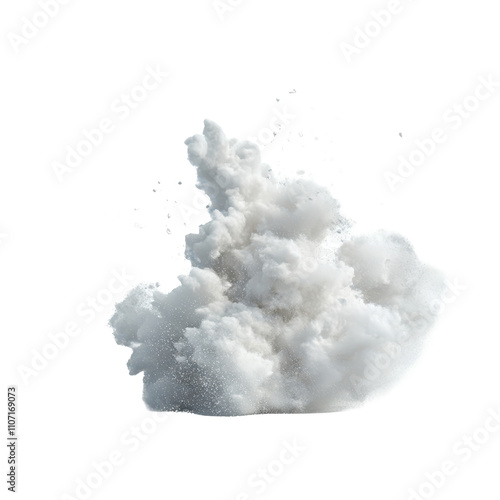 Snow Powder Explosion: Ultra-Realistic UHD Side View on Pure White Background, Clear Contours, High Contrast, and Lifelike Accuracy for Commercial Use.