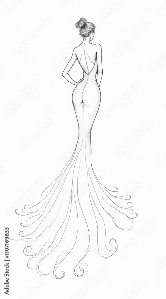 Elegant Line Drawing of Woman in Flowing Gown from Back View Elegant Line Drawing of Woman in Flowing Gown from Back View