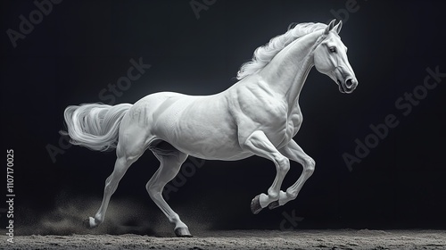 Majestic White Horse Galloping Through Ocean Waves - A stunning white horse gallops through ocean waves, embodying grace and power against a scenic coastal backdrop.