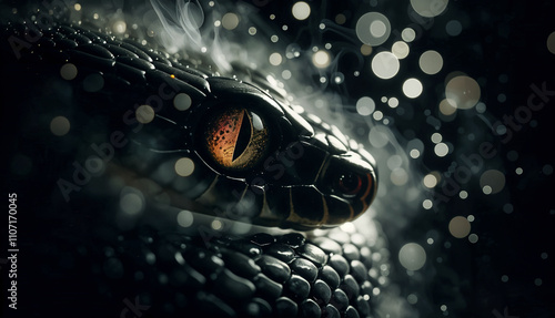 Close-up of a snake's textured scales and piercing eye, surrounded by mysterious smoky lighting photo